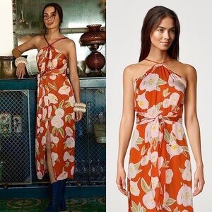 CAROLINA K 70s Floral Satin Sleeveless Halter Tie Waist Front Slit Maxi Dress XS